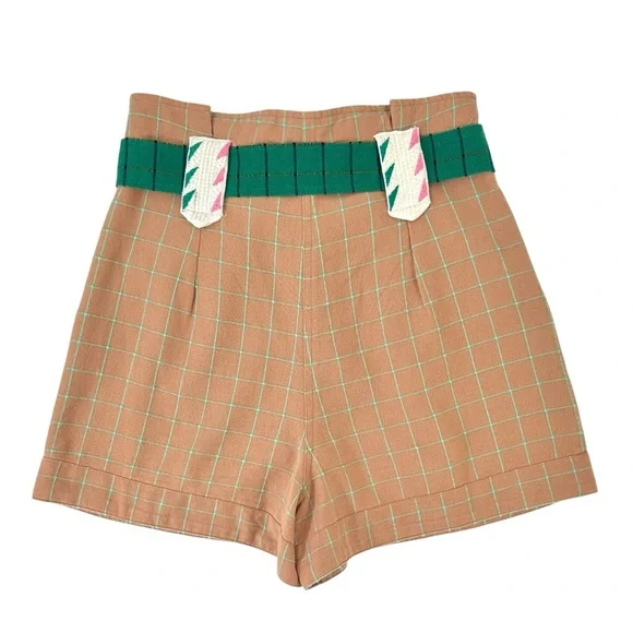 SÉZANE Arthus Brown White Green Plaid Belted High Rise Embroidered Cotton Shorts - Picture 2 of 11